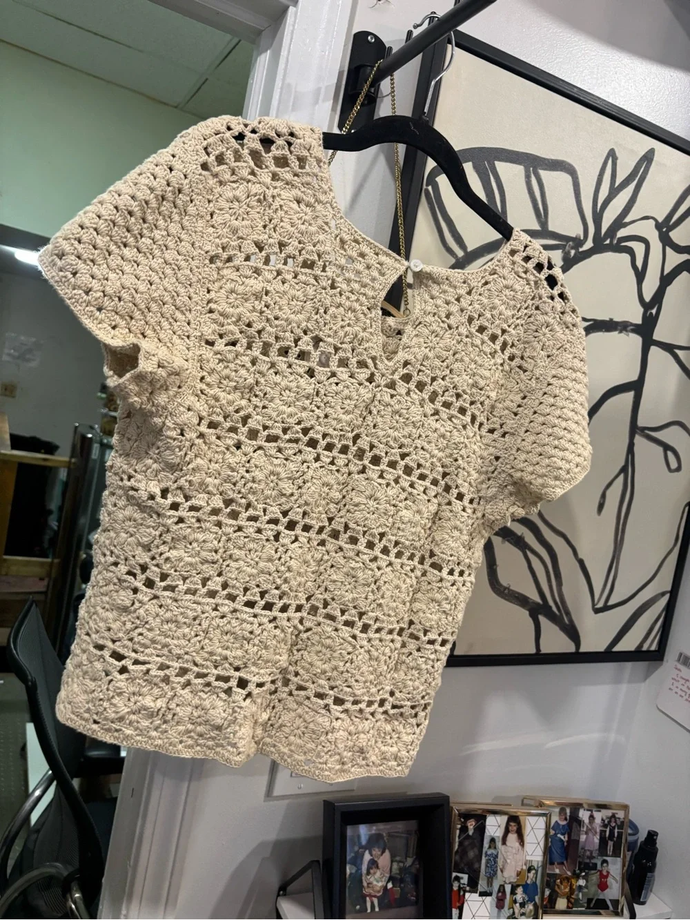 We The Free Crochet Openwork Short-Sleeve Top in Cream NWT